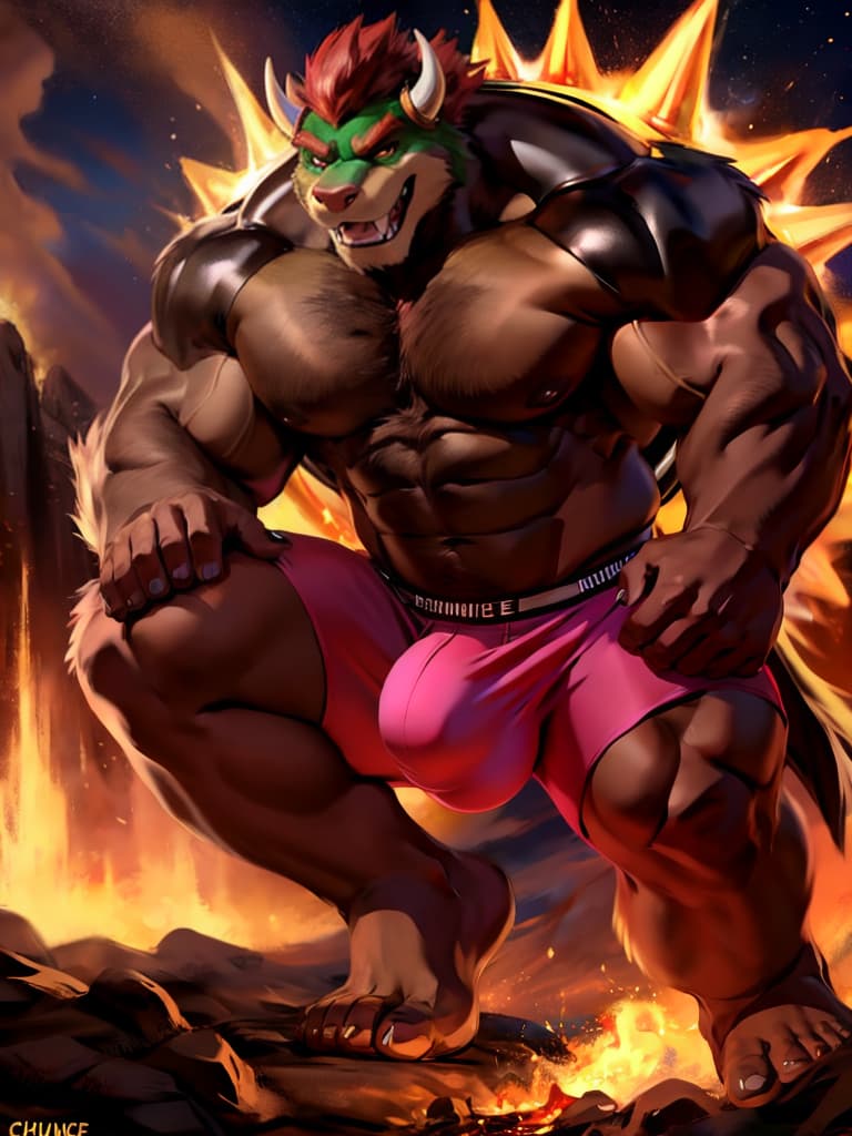  chunie dark bowser on a erupting volcano in just transparent boxers with a huge bulge