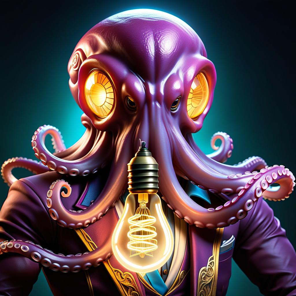  role playing game (rpg) style fantasy logo wise octopus teacher who has a light bulb instead of a head . detailed, vibrant, immersive, reminiscent of high fantasy rpg games hyperrealistic, full body, detailed clothing, highly detailed, cinematic lighting, stunningly beautiful, intricate, sharp focus, f/1. 8, 85mm, (centered image composition), (professionally color graded), ((bright soft diffused light)), volumetric fog, trending on instagram, trending on tumblr, HDR 4K, 8K