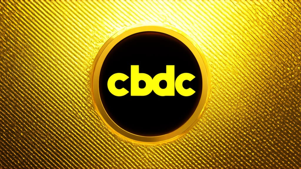  professional detailed photography, "cbdc" on metallic gold circle, on abstract digital glowing gold background ar 16:9, (muted colors, dim colors, soothing tones), (vsco:0.3)