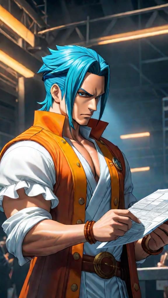  anime art: franky holding the blueprints for pluton, a countermeasure against its revival in one piece. hyperrealistic, full body, detailed clothing, highly detailed, cinematic lighting, stunningly beautiful, intricate, sharp focus, f/1. 8, 85mm, (centered image composition), (professionally color graded), ((bright soft diffused light)), volumetric fog, trending on instagram, trending on tumblr, HDR 4K, 8K