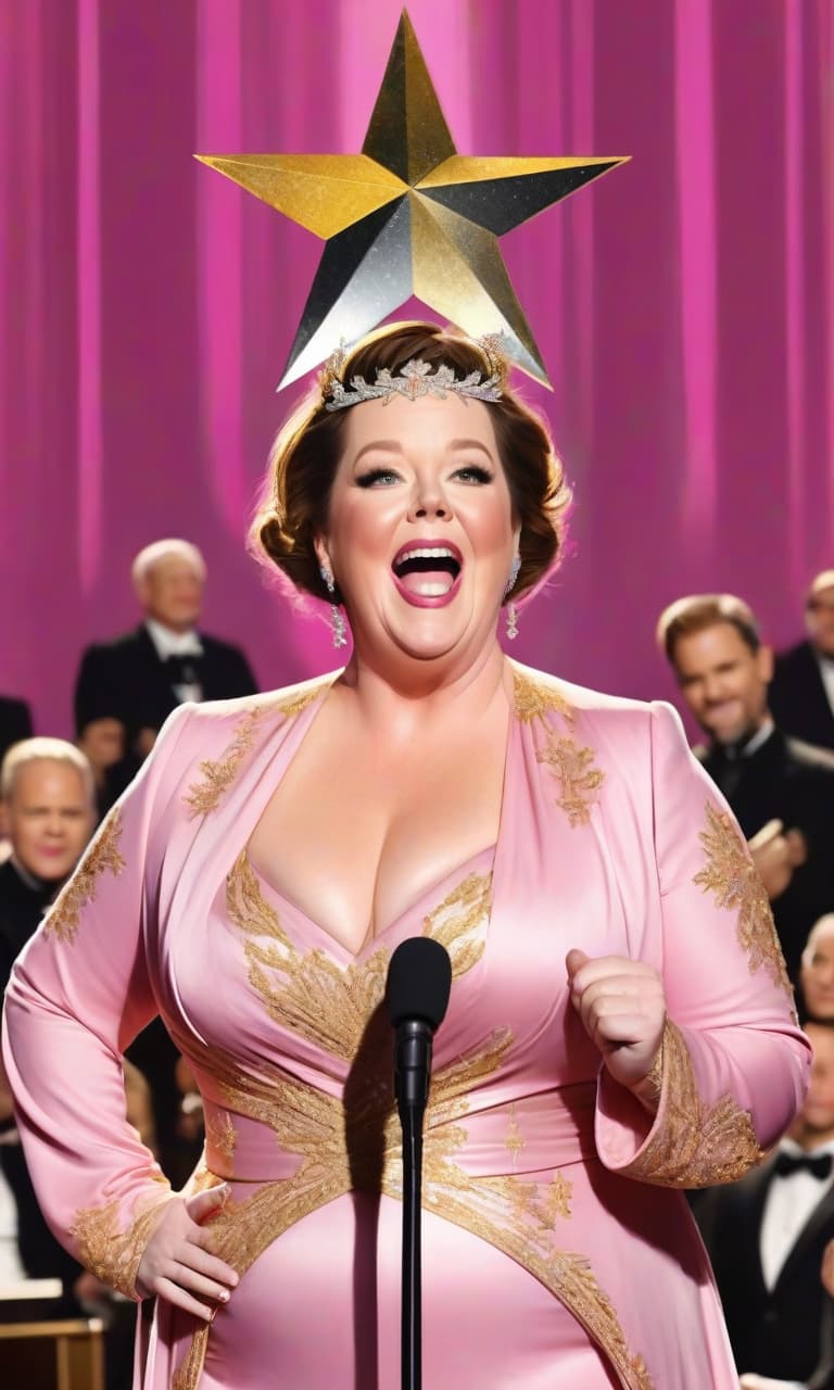  concept art pink, gold, black, white melissa mccarthy performs on stage there's a star on her head . digital artwork, illustrative, painterly, matte painting, highly detailed, perfect hands