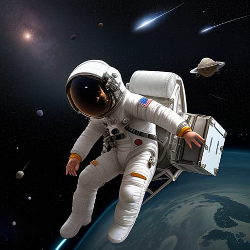  astronaut child flies in a small open spaceship among stars and asteroids