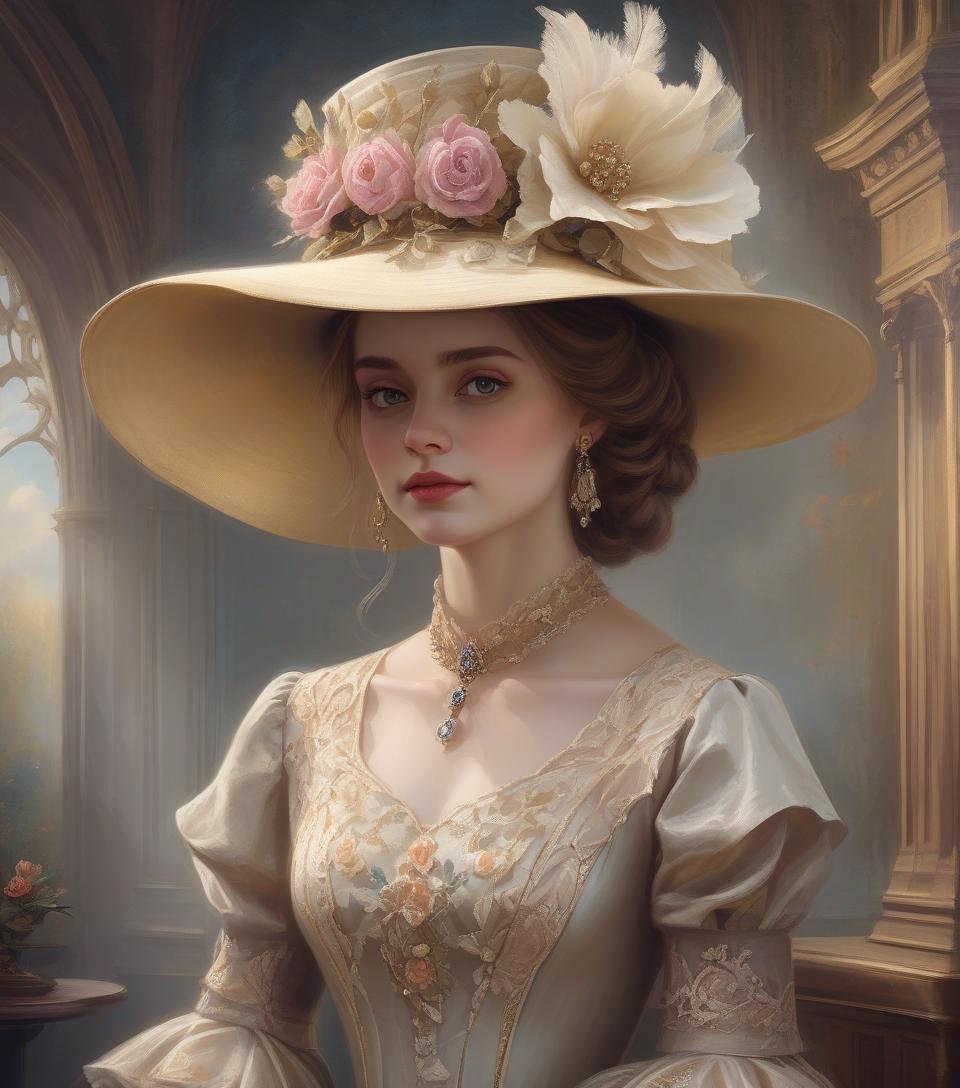  concept art painting of a woman in a dress and hat of the victorian era, in the style of the 1850s, beautiful fantasy painting, romantic painting, fantasy style, elegant oil painting, elegant and exquisite painting, very beautiful fantasy painting, detailed 3d gothic romantic era, painting . digital artwork, illustrative, painterly, matte painting, highly detailed