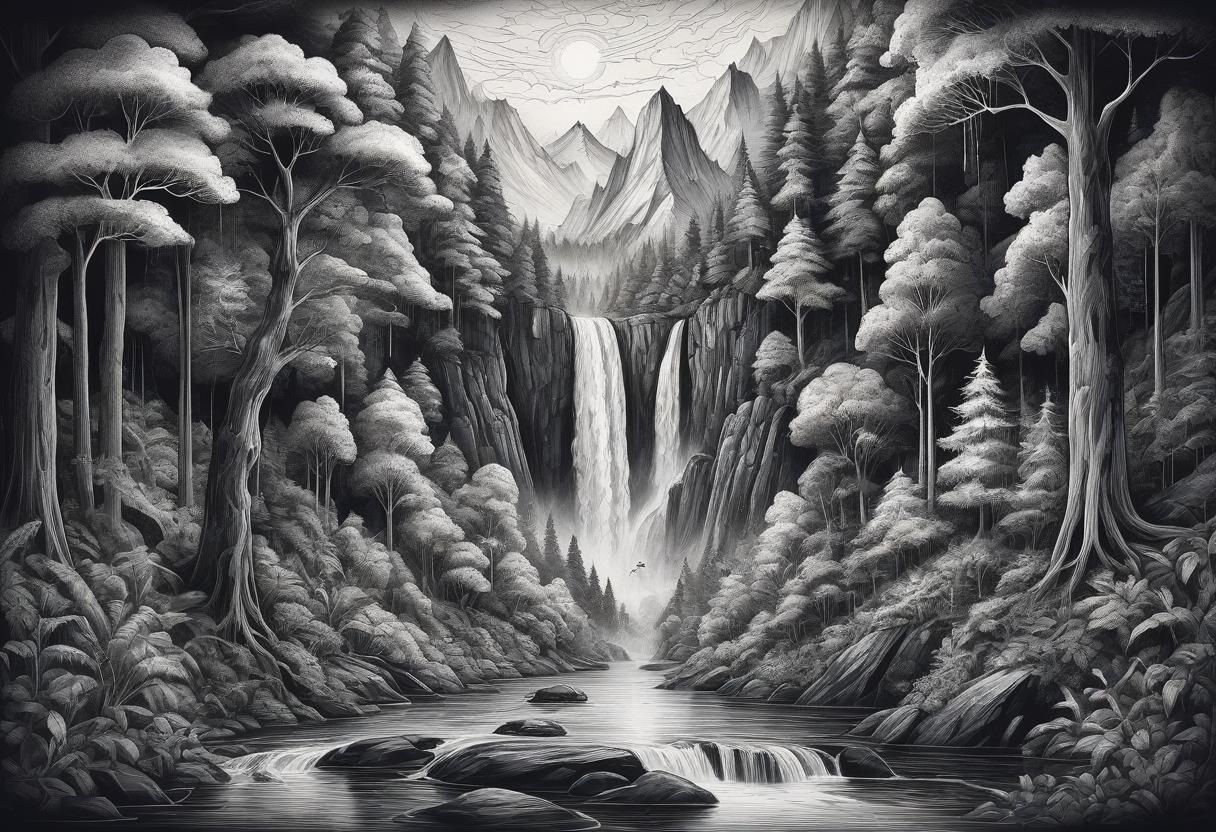  the ink drawing reflects a fantastic microcosm filled with mountains, dense forest and a shimmering waterfall. the outlines of this mesmerizing landscape should be harmoniously combined with the retinal pattern, creating a multi layered effect that conveys depth and perspective. use black and white, silver and gold ink to create a high contrast surreal style that creates an atmosphere of mystery and charm. the drawing must be executed with precision and at the same time contain fancy drawing elements that bring a creative twist to it. strive to create a composition that will resemble a recognized masterpiece, immersing the audience in fabulous dreams