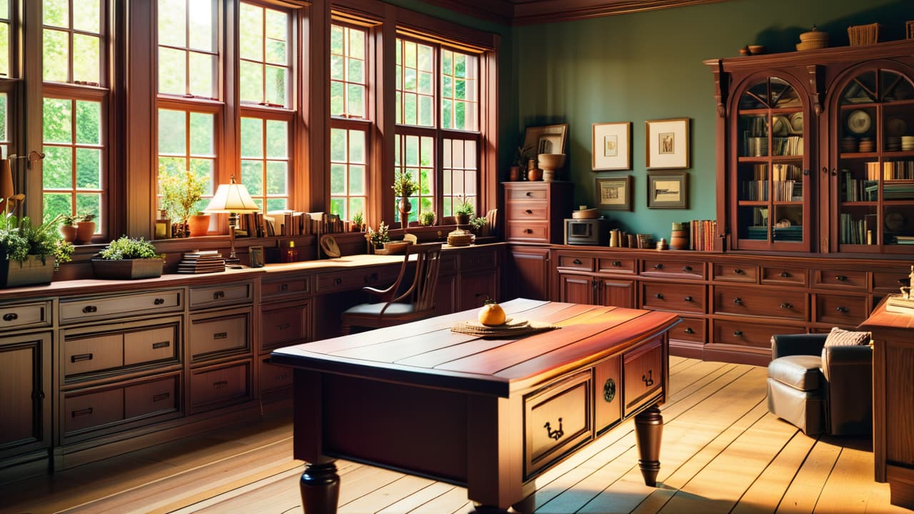  a cozy woodworking workshop filled with rich mahogany and oak furniture, showcasing a harmonious blend of 60% wood elements and 40% decorative accents, illuminated by warm natural light streaming through large windows. hyperrealistic, full body, detailed clothing, highly detailed, cinematic lighting, stunningly beautiful, intricate, sharp focus, f/1. 8, 85mm, (centered image composition), (professionally color graded), ((bright soft diffused light)), volumetric fog, trending on instagram, trending on tumblr, HDR 4K, 8K