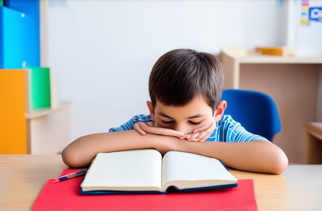  real estate photography style a primary school child sits at a table in front of a notebook and holds his head, tired of studying ar 3:2 . professional, inviting, well lit, high resolution, property focused, commercial, highly detailed