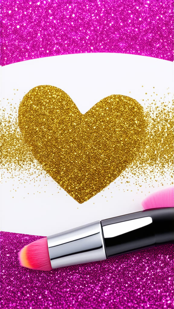  heart brush cosmetic draw on gold pink glitter background ar 9:16 {prompt}, maximum details