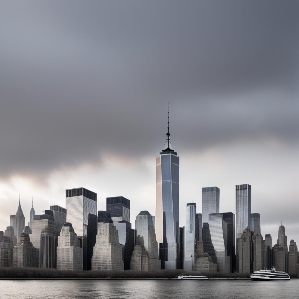  A single, straight line drawing representing the Manhattan skyline with the Twin Towers, similar to the provided image. The line should be unbroken, continuous, and minimalistic. hyperrealistic, full body, detailed clothing, highly detailed, cinematic lighting, stunningly beautiful, intricate, sharp focus, f/1. 8, 85mm, (centered image composition), (professionally color graded), ((bright soft diffused light)), volumetric fog, trending on instagram, trending on tumblr, HDR 4K, 8K