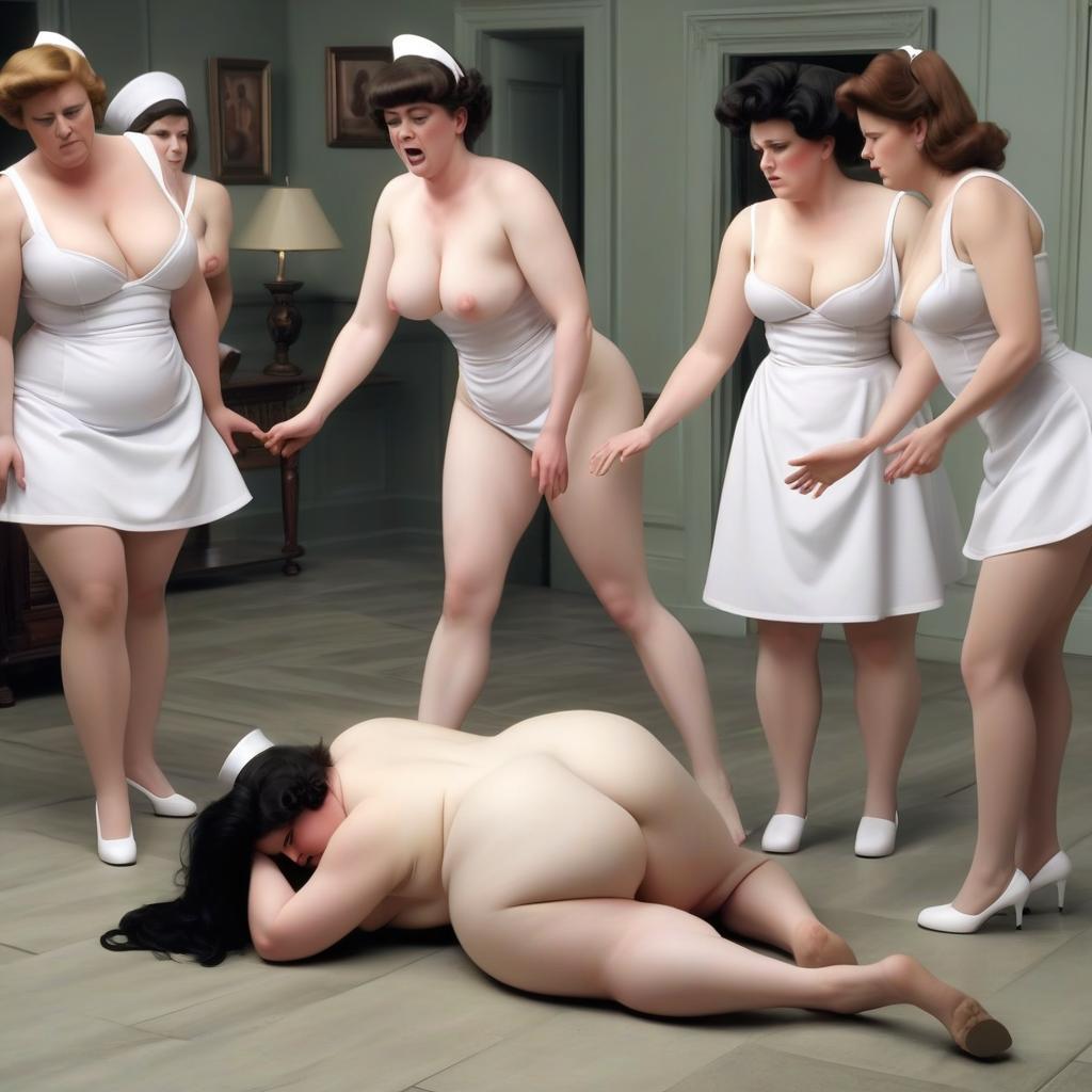  a naked fat white lady fainted and lay unconscious on the floor, and two black maids bent over her and try to bring her to her senses.