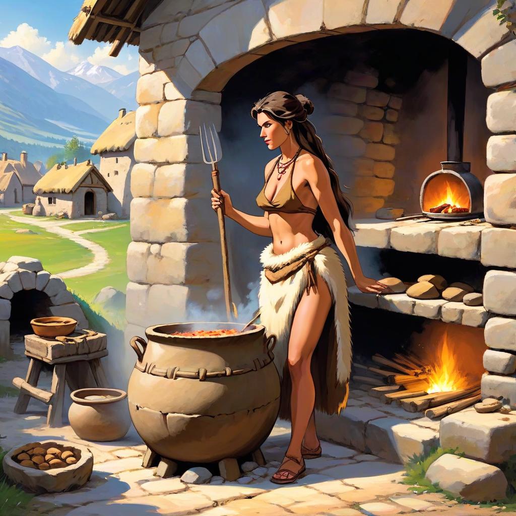  stone age woman in a dirty fur skirt and a dirty fur vest cooking in ceramic pot in a stone oven, outdoor, at full heigh body, with brovn hair, slender, slim waist, long loincloth, tanned skin, at full heigh body, action pose, full heigh body, against the backdrop of a stone age village,