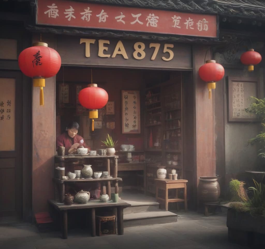  chinese town, tea store, tea ceremony, sign text “tea875”, epic foto, 4k