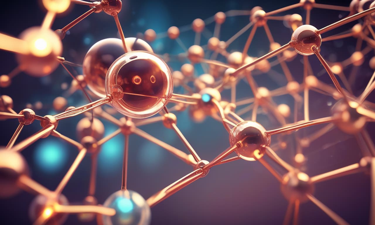  close up, abstract representation of molecules or atoms, related to chemistry or nanotechnology. structures to resemble interconnected atoms, with spherical nodes (representing atoms) and thin lines or bonds connecting them, forming a molecular structure. tones and glowing effect give futuristic, scientific feel. lighting and bokeh effect in the background emphasize a sense of depth, adding to the scientific, high tech aesthetic