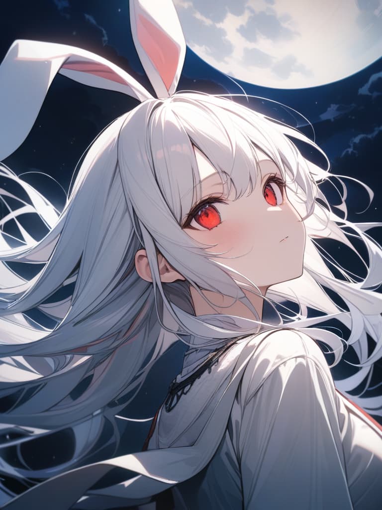  rabbit ears, mofumofu, white hair, , red eyes, looking up at the full moon, cute, , facing the full moon, masterpiece, best quality,8k,ultra detailed,high resolution,an extremely delicate and beautiful,hyper detail