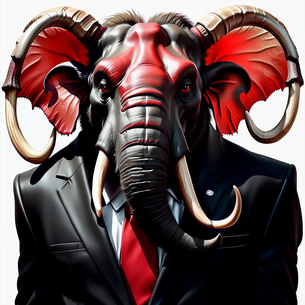  hyperrealistic art an evil mammoth in a black suit, a red shirt, on a white background . extremely high resolution details, photographic, realism pushed to extreme, fine texture, incredibly lifelike, hkmagic