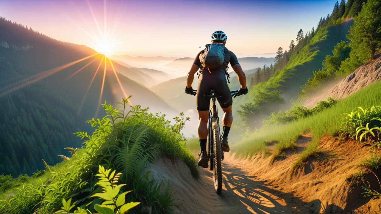  a muscular mountain biker navigating a rugged trail, sweat glistening on their defined abs, surrounded by lush greenery and steep hills, with their bike leaning against a rocky outcrop under a clear blue sky. hyperrealistic, full body, detailed clothing, highly detailed, cinematic lighting, stunningly beautiful, intricate, sharp focus, f/1. 8, 85mm, (centered image composition), (professionally color graded), ((bright soft diffused light)), volumetric fog, trending on instagram, trending on tumblr, HDR 4K, 8K