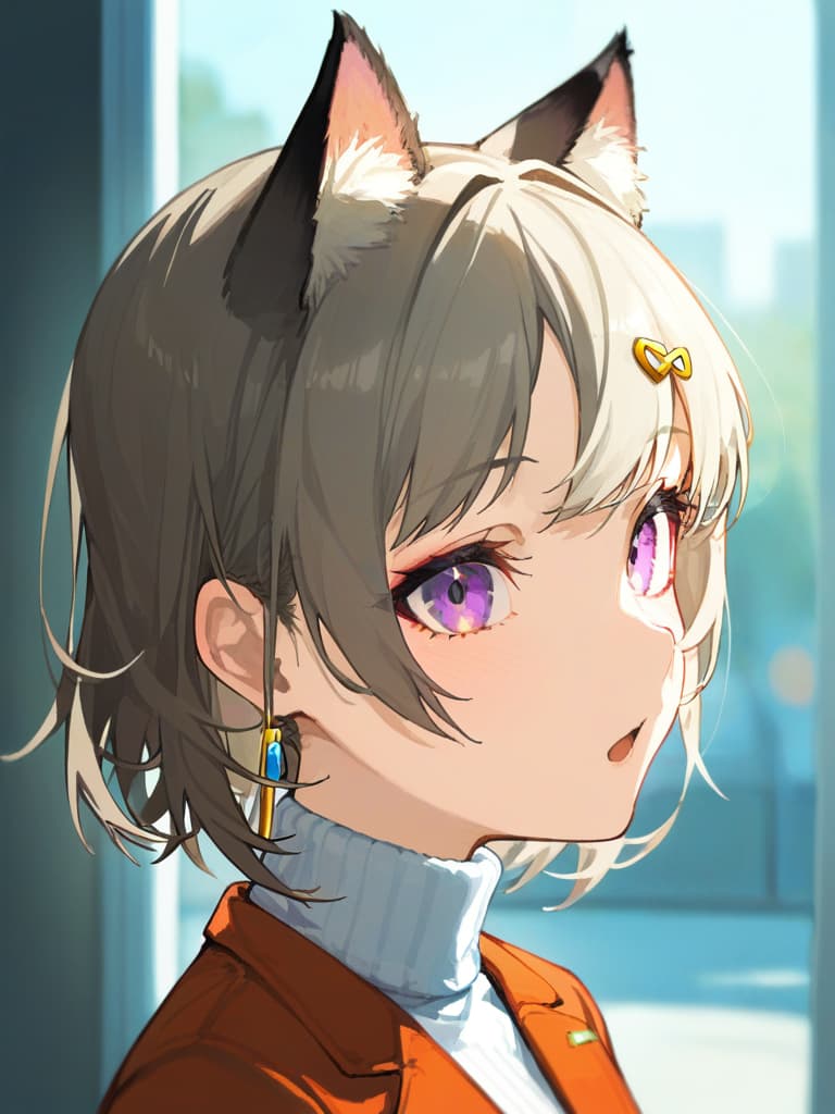  (black cat ears: 1.2), masterpiece, open mouth, best quality, (purple eyes: 1.3), (close up: 1.2), medium hair, earth arring , (silverbeige hair: 1.2), (orange jacket), (white turtleneck: 1.1), (triangle hair pin: 1.3),