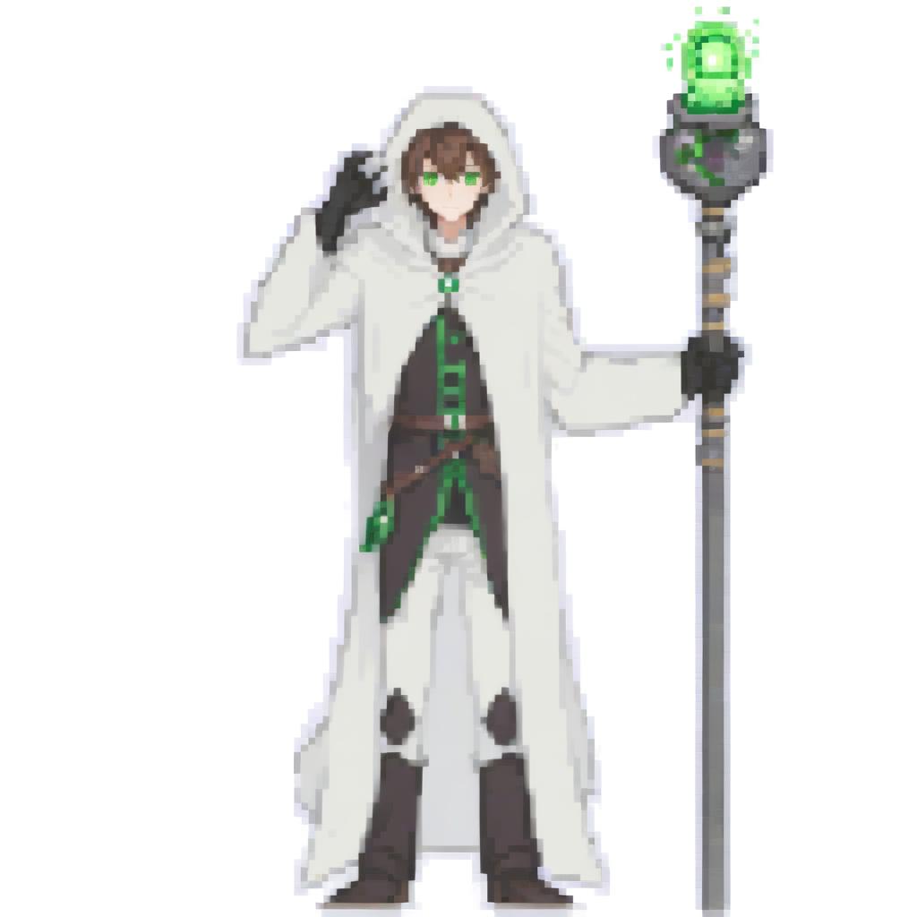  anime artwork human , alchemist , wizard, white cape , green eyes, brown hair with wite on top, . anime style, key visual, vibrant, studio anime, highly detailed