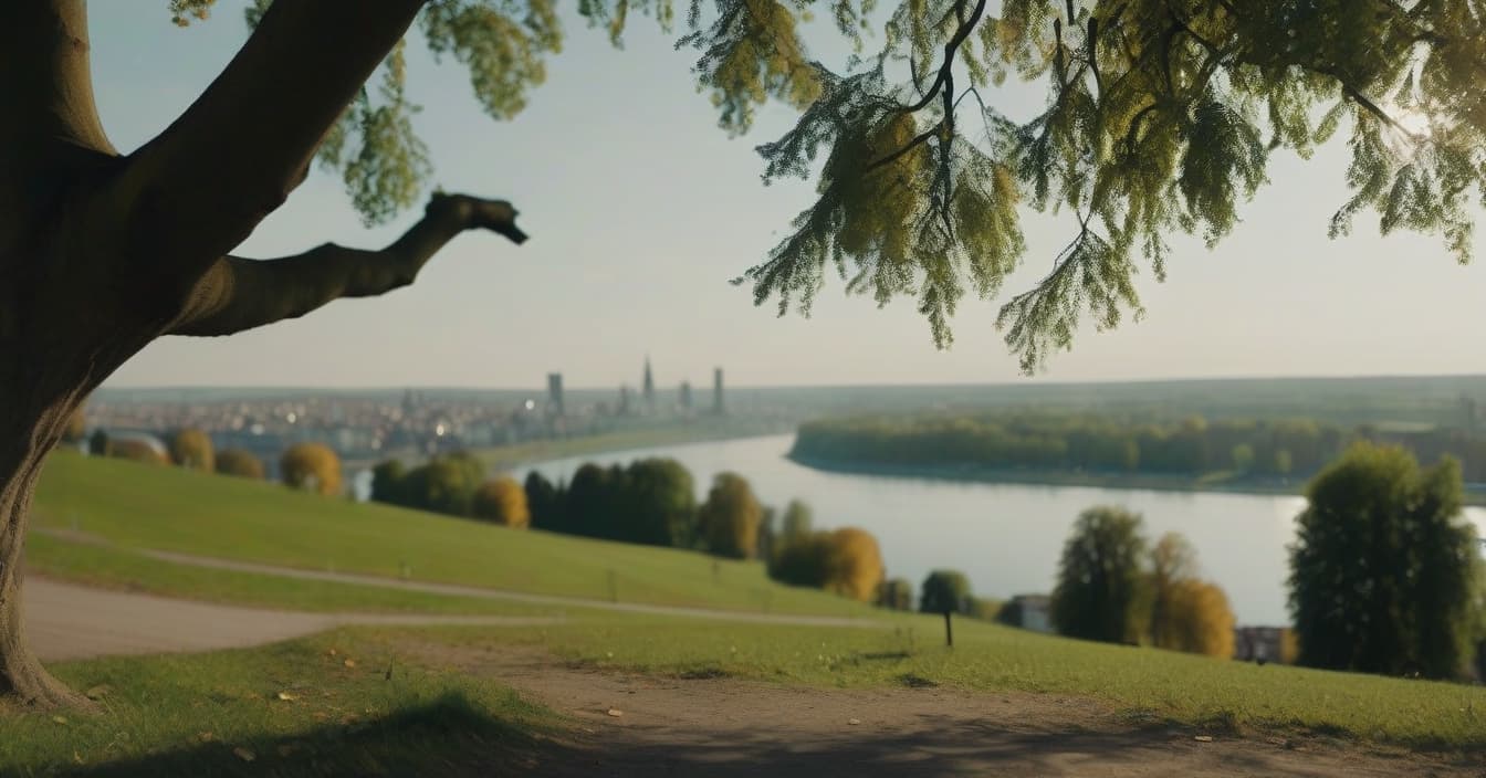  cinematic photo realistic landscape on a hill, a metropolis in the distance, a linden tree on the left and a linden tree on the right, a sunny day, a park, a lake reflects trees, cinematic . 35mm photograph, film, bokeh, professional, 4k, highly detailed