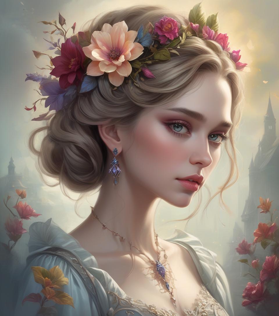  there is a woman with a flower in her hair and a dress, beautiful fantasy art portrait, beautiful fantasy portrait, beautiful fantasy painting, exquisite digital art, fantasy victorian art, exquisite digital illustration, romanticism painting, very beautiful fantasy art, gothic painting, stunning digital art, gorgeous digital painting, stunning digital painting, very beautiful digital art, gothic princess portrait, gorgeous digital art