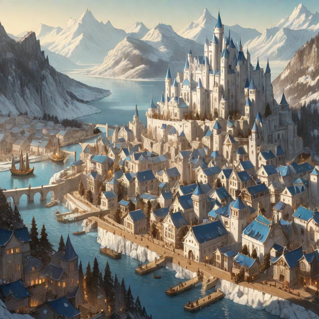  manga artwork city with a river and white houses and blue roofs, it has a big castle in a terrace and a great lake in the background, with icy moutains. anime rpg style . manga artist. manga, highly emotional. best quality, high resolution