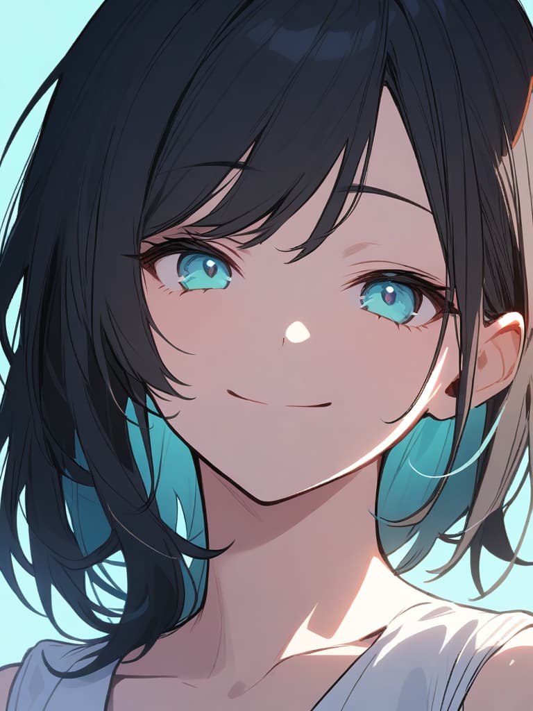  ultra detailed:1.2,masterpiece:1.2,best quality,masterpiece,bestquality,hdr:1.1,8k:1.1,very cute girl:1.3,(((off center part hair,black hair:1.7)))(short hair:1.1),forehead:1.6,((from front:1.5)),(upper body:1.2)(face focus:1.2),(white sailor sundress:1.2)(smile:1.3)(light aqua background color:1.6)