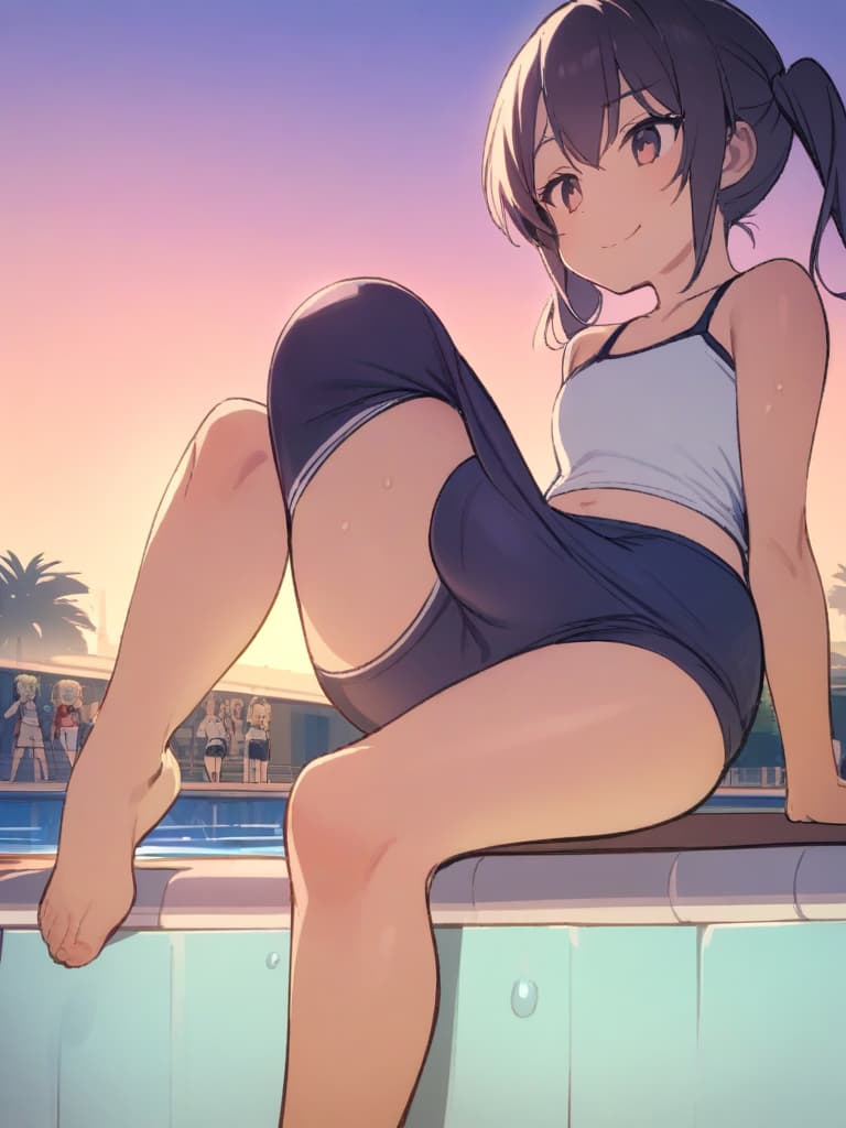  women's elementary students (with male), twin tails, cute smiles, rich s, short stature, dark blue swimwear, old swimwear, swimwear, simple, (swelling), upward, (bulge), front, whole body, pool side,