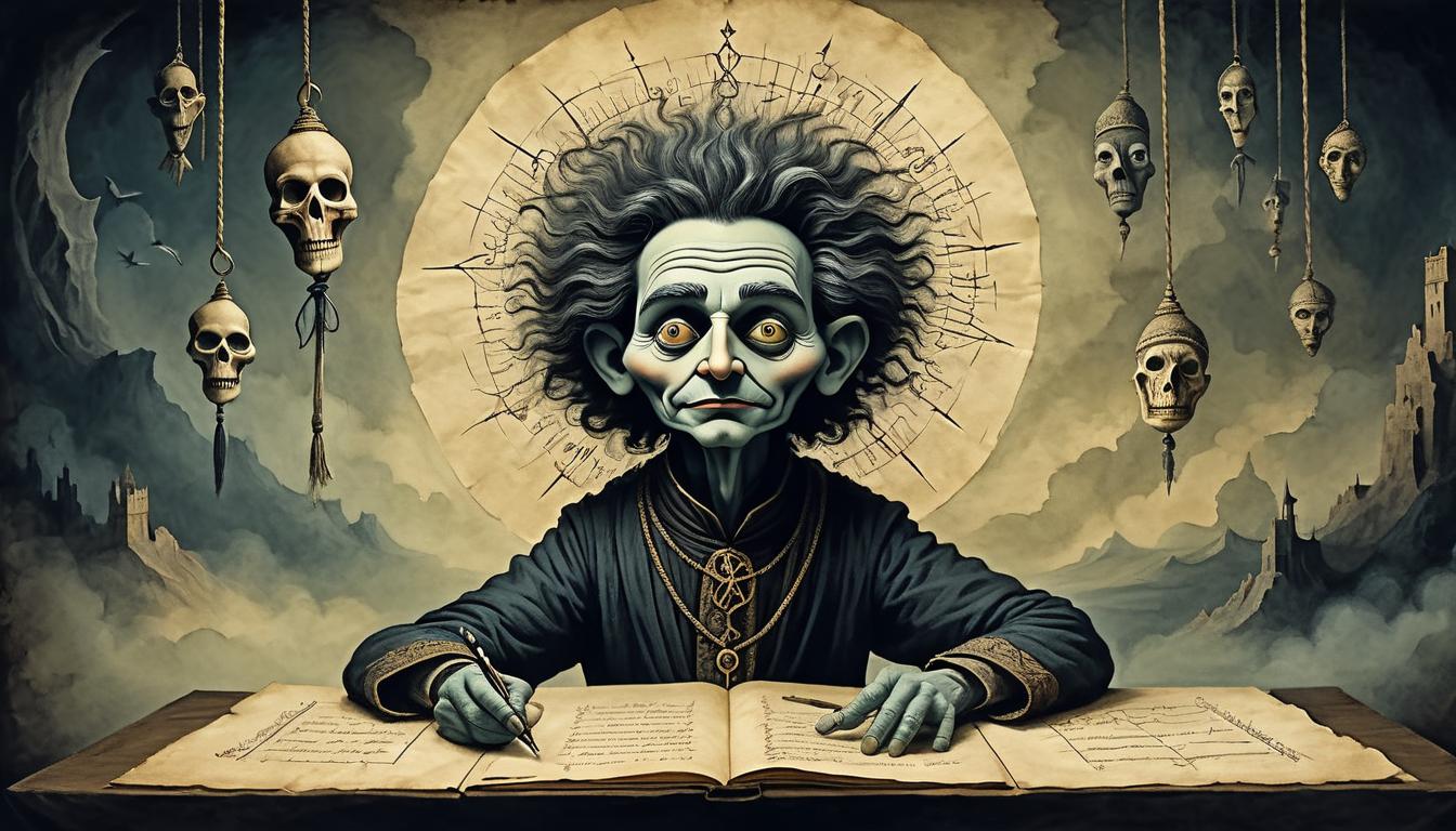  on parchment, surrealism+++, a puppet with strings cut, realization dawning in expression, manipulators in shadowy background, awakening(mysterious, provocative, symbolic,muted color)+++