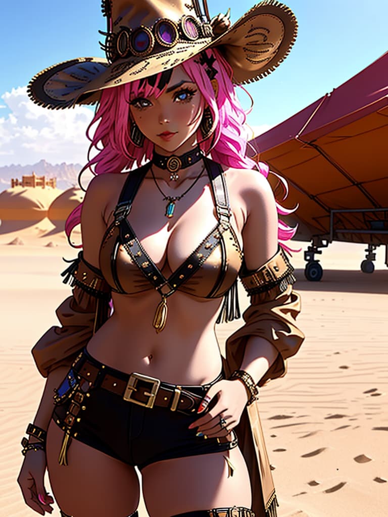  A medium, photo of a female influencer on the desert festival, dressed in a revealing rave outfit, decorated with fringe, bright outfit, steampunk style, daytime, desert background, sharp focus, cinematic, hd