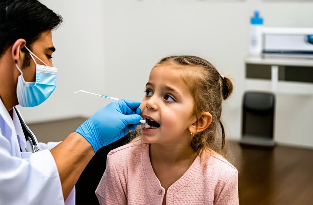  professional detailed photography, pediatrician doing mouth swab dna test to little girl at clinic ar 3:2, (muted colors, dim colors, soothing tones), (vsco:0.3)