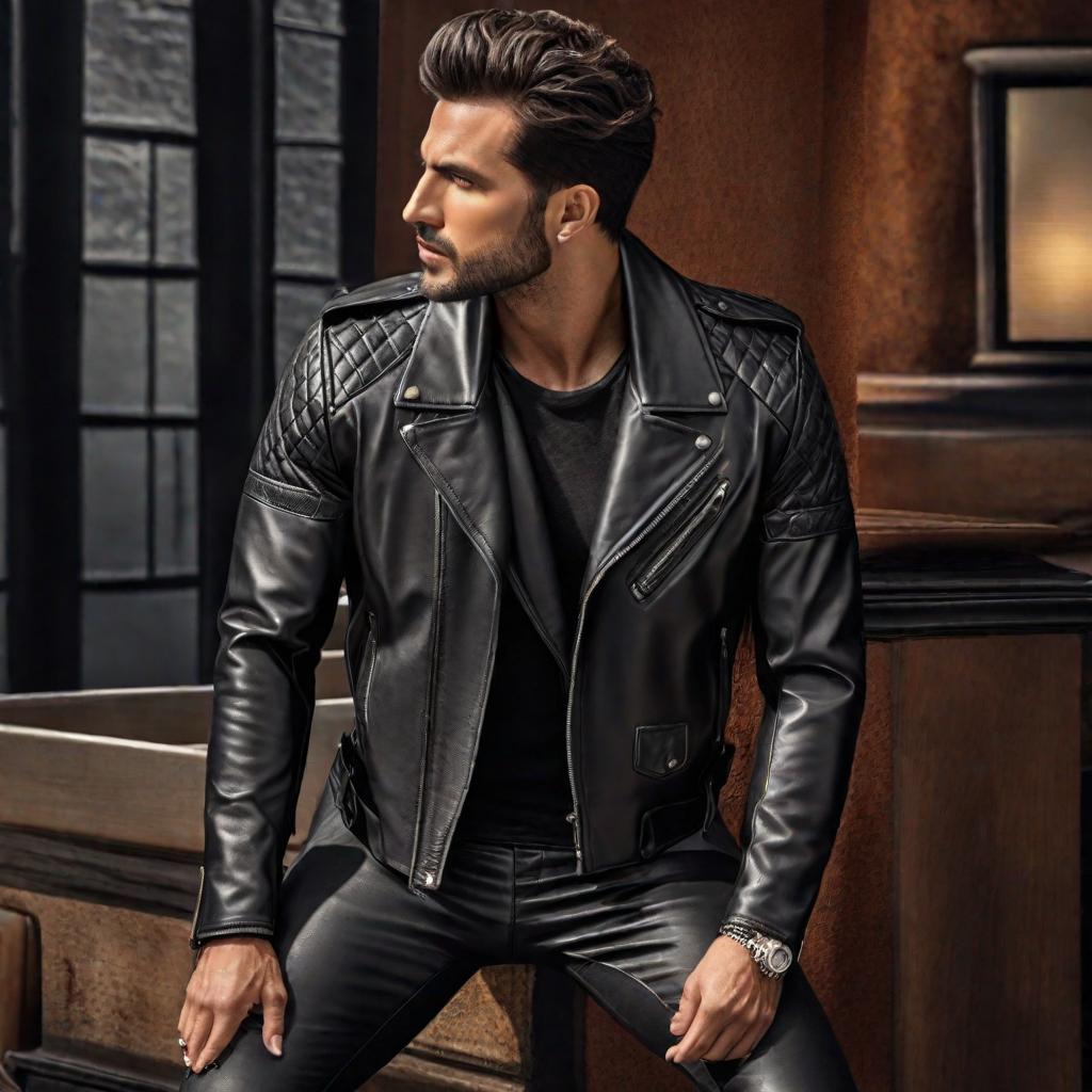  design a leather jacket for men hyperrealistic, full body, detailed clothing, highly detailed, cinematic lighting, stunningly beautiful, intricate, sharp focus, f/1. 8, 85mm, (centered image composition), (professionally color graded), ((bright soft diffused light)), volumetric fog, trending on instagram, trending on tumblr, HDR 4K, 8K