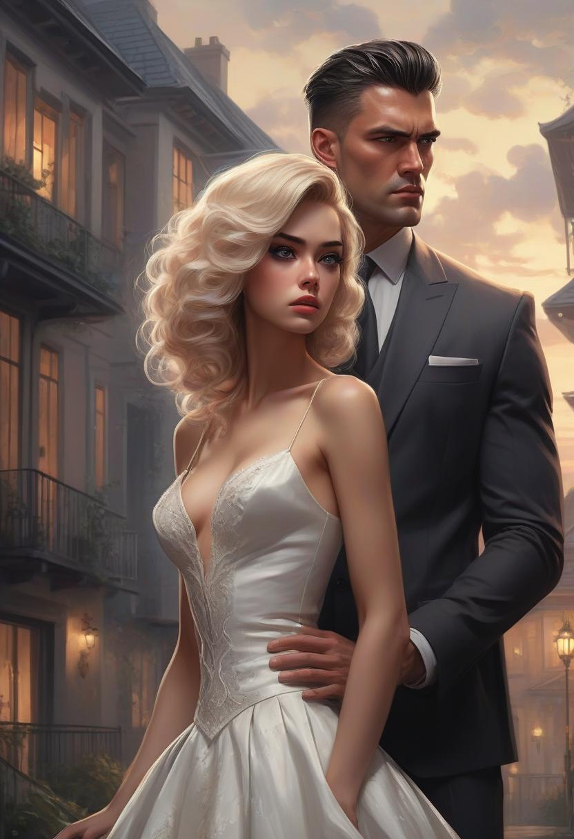  the cover of a romantic book in a modern style. a house is depicted in the background. 1 handsome man, tall, muscular, angry, dressed in a business suit, standing tall. there is 1 girl standing behind the man in a luxurious wedding dress, she stands tall, she has big scared eyes, kawaii style. the man has black hair, the girl has blonde hair. very clear lines, ((drawn lines)). high detail, 8k, rich, sophisticated, cinematic, atmospheric. edmund blair and charlie bowater, graphics by magali villeneuve, classics of digital art in the fantasy genre by charlie bowater and mark brooks