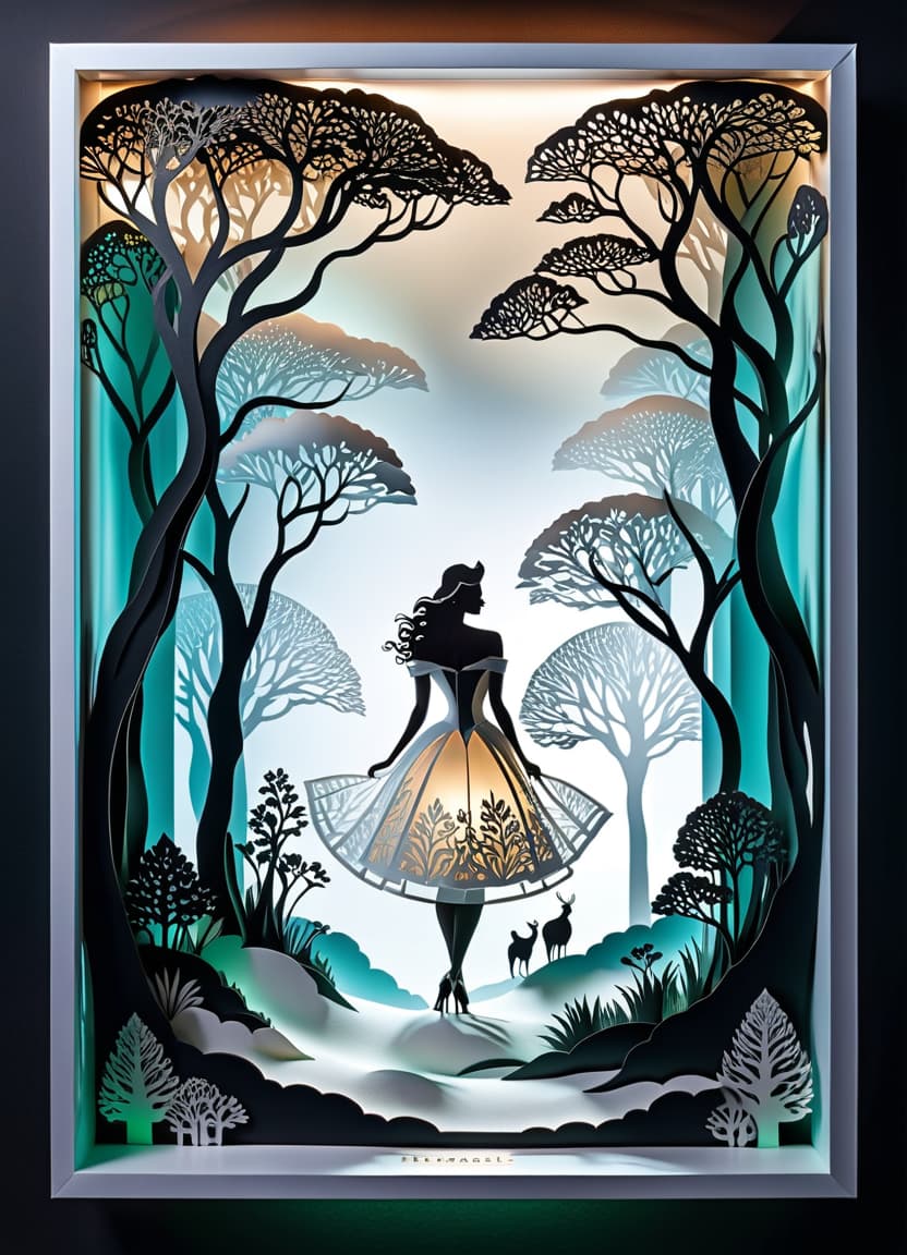  3d papercut shadow box of ((transparent frame in the form of silhouettes seven large plan 1.5)). ((((inside the transparent silhouette 1, 7))) : dawn, white cumulus clouds, crowns of trees in bloom, spring, love, romantic1,5))). (style):romantic fantasy art, advertising, poster, art design . layered, dimensional, depth, silhouette, shadow, papercut, handmade, high contrast, hkmagic hyperrealistic, full body, detailed clothing, highly detailed, cinematic lighting, stunningly beautiful, intricate, sharp focus, f/1. 8, 85mm, (centered image composition), (professionally color graded), ((bright soft diffused light)), volumetric fog, trending on instagram, trending on tumblr, HDR 4K, 8K