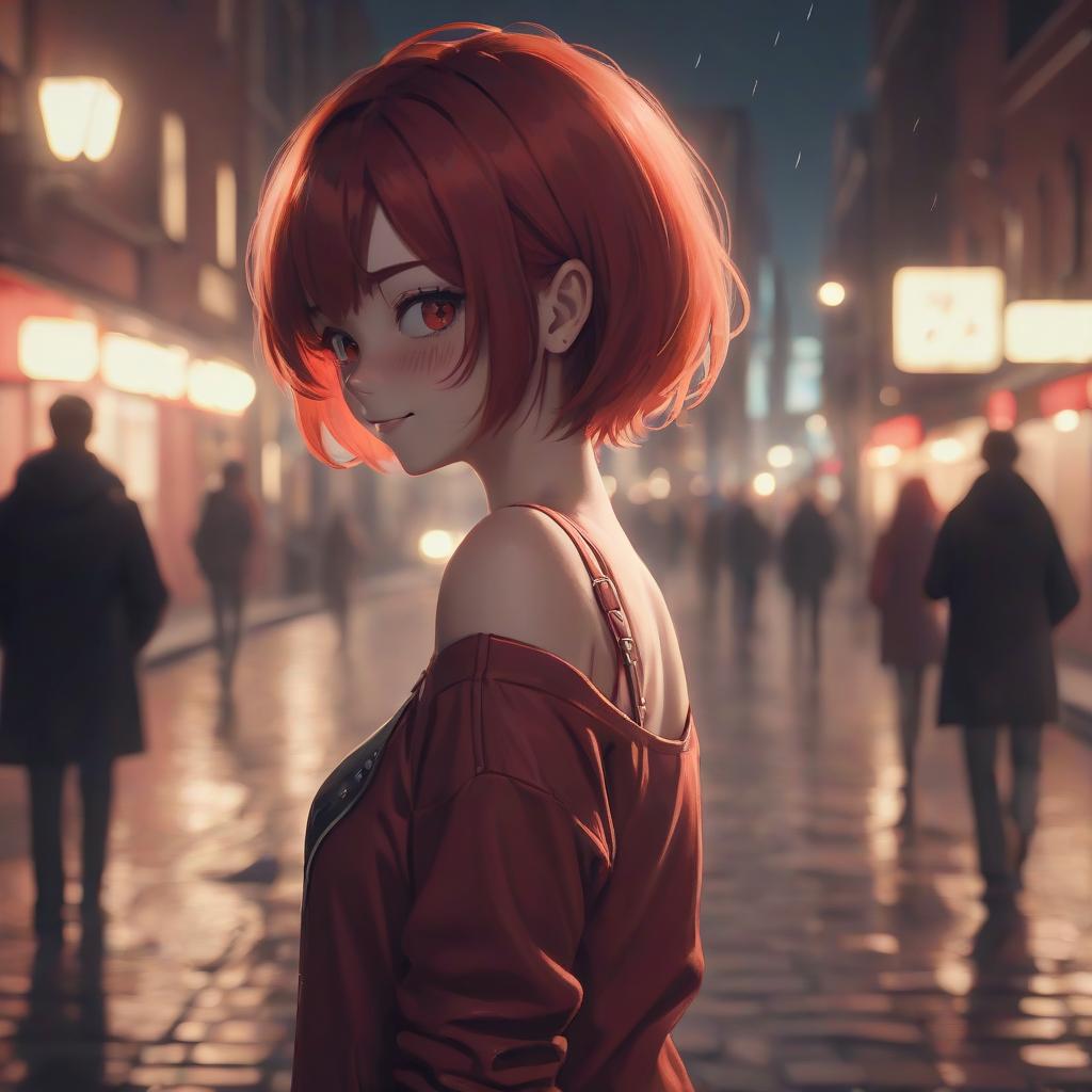   with short red hair up her shoulders in gles standing. standing back. looking at me holding my hand. view from my face. night town. smile