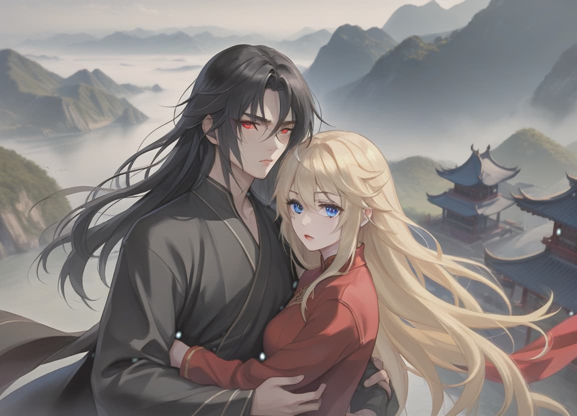  breathtaking realistic photo, two people, a character from the novel “system save yourself for the main hero”, lo binghe, a young man in black. long black hair to the waist, red eyes, demonic mark on the forehead, next to him a girl is blonde, blonde hair to the shoulder blades, european face type, light skin, blue eyes, plump lips, small tummy at the bottom at the waist naked both, distant camera, landscape . award winning, professional, highly detailed, hkmagic