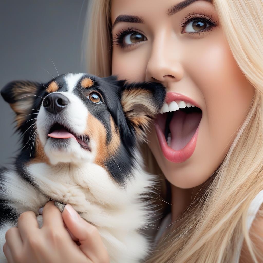  beautiful blonde woman sticking her large dog tongue fully out, 4k ultra hd with a matte color pallet, award winning, professional, highly detailed, masterpiece