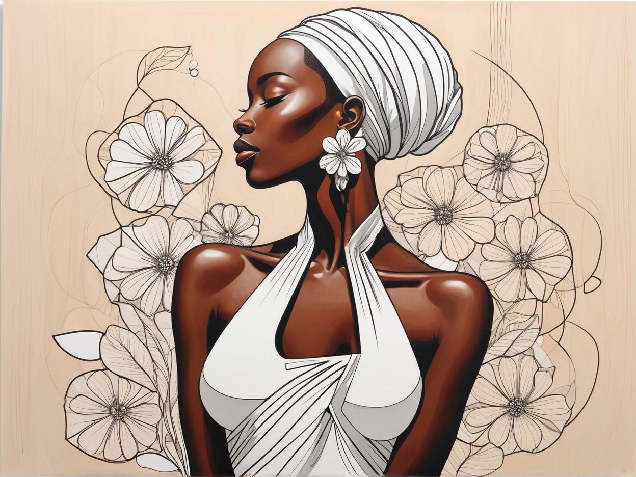  minimalism, the image features an african woman posing gracefully, adorned with flowers that cover parts of her body. the overall composition gives a sense of elegance and connection with nature., abstract, simple geometic shapes, hard edges, sleek contours, minimalism