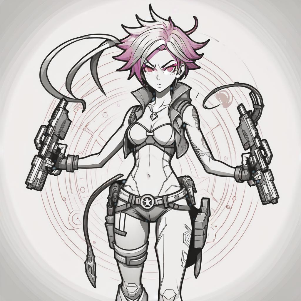  line art drawing lilith borderlands, battle stance, same nightmare. anime style . professional, sleek, modern, minimalist, graphic, line art, vector graphics