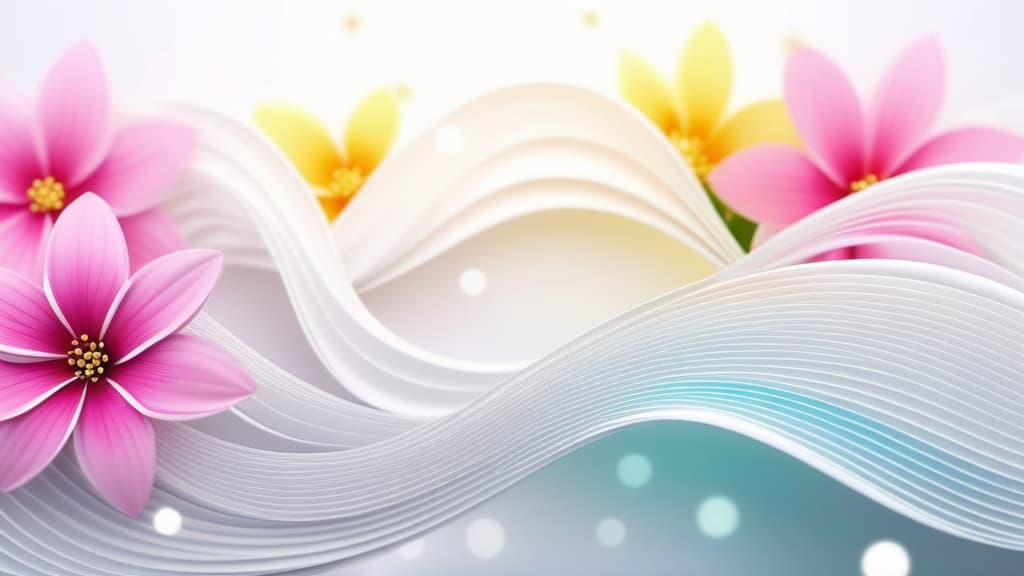  Abstract flowing waves with flowers on white background with bokeh ar 16:9 ar 16:9 high quality, detailed intricate insanely detailed, flattering light, RAW photo, photography, photorealistic, ultra detailed, depth of field, 8k resolution , detailed background, f1.4, sharpened focus