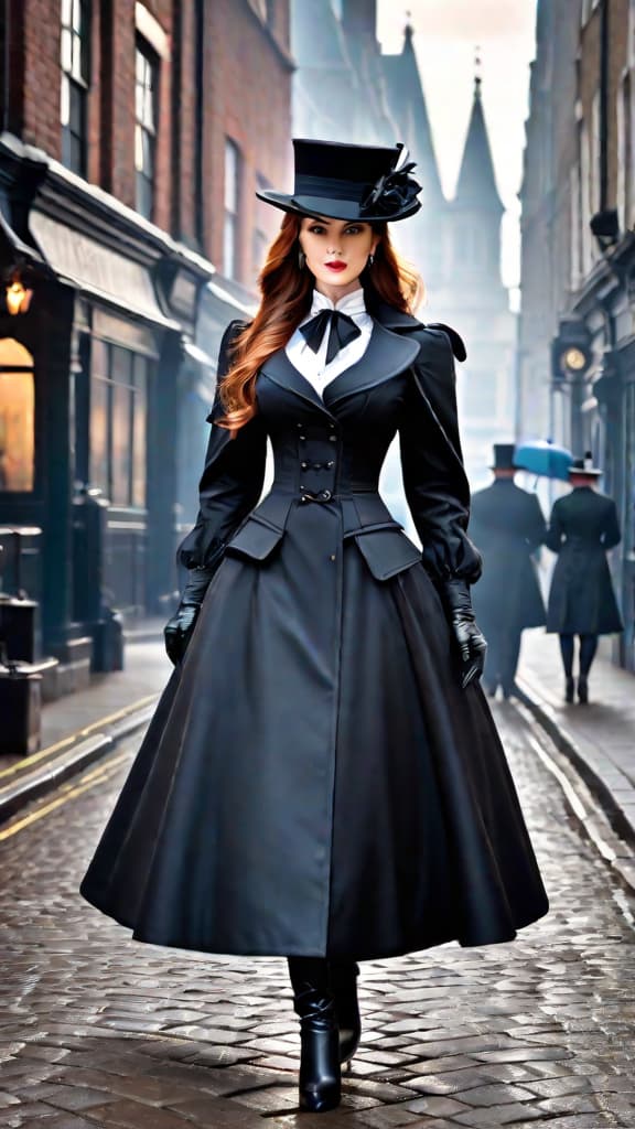  foggy victorian london street, bustling by day, ominous shadows by night, hinting at jack the ripper's presence hyperrealistic, full body, detailed clothing, highly detailed, cinematic lighting, stunningly beautiful, intricate, sharp focus, f/1. 8, 85mm, (centered image composition), (professionally color graded), ((bright soft diffused light)), volumetric fog, trending on instagram, trending on tumblr, HDR 4K, 8K