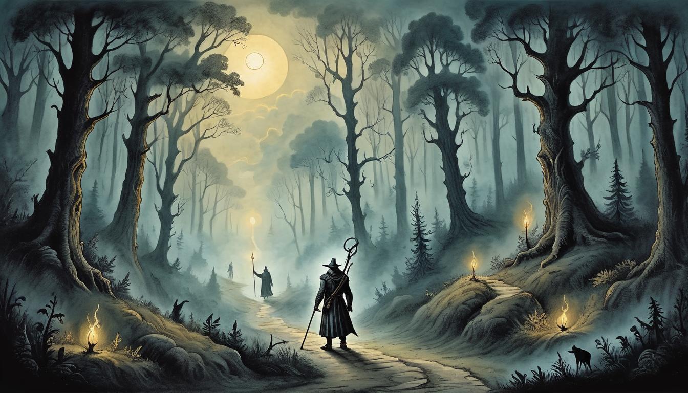  on parchment, surrealism+++, confident traveler with a staff, standing at the edge of a dark forest, illuminated path ahead, determination, courage, clarity(mysterious, provocative, symbolic,muted color)+++