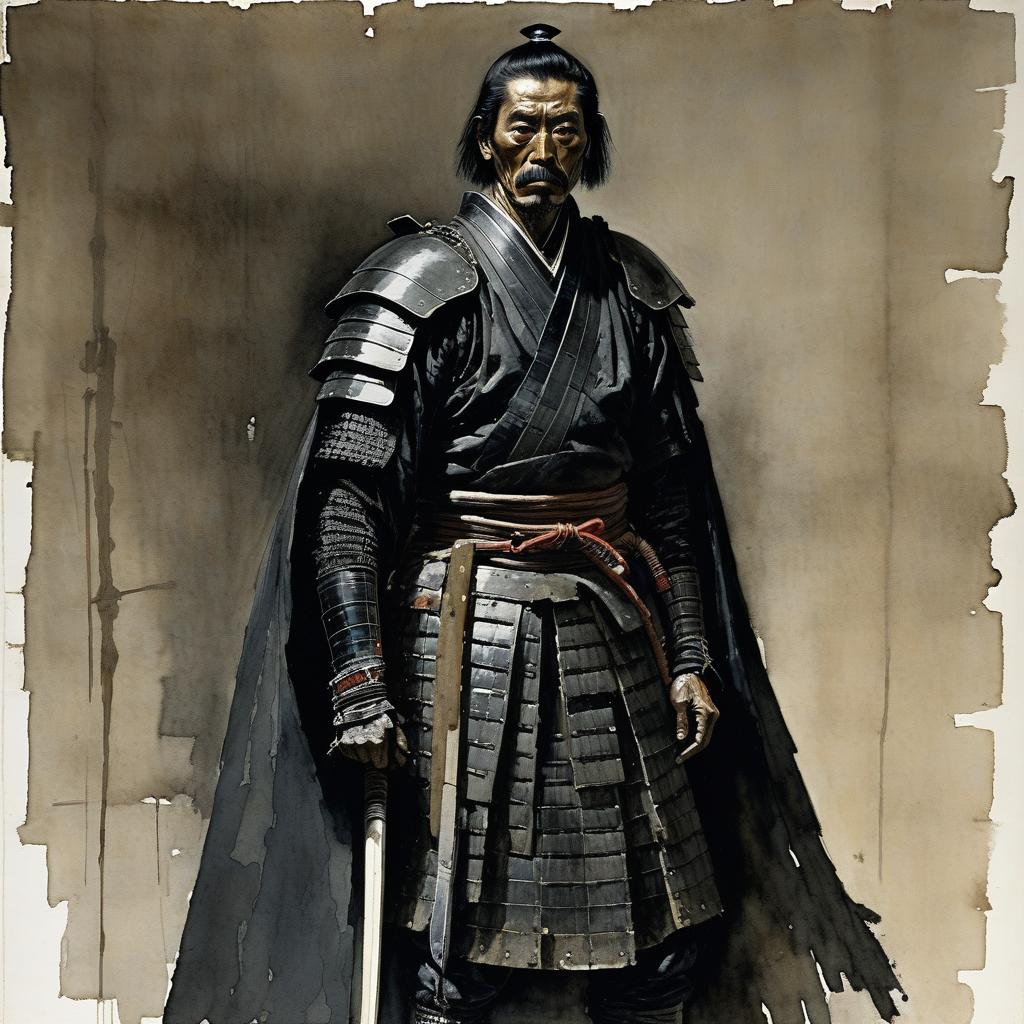  a tall, thin samurai of indeterminate age, in full quality black samurai armor. sickly pale white skin, (sharp predatory features, his face looks exhausted), pouches under the eyes, fatigue, (long black hair with rare gray strands). his whole appearance makes a gloomy and stern impression. by howard pyle, (dim, watercolor 2 but extremely beautiful:1.4), (intricate details, masterpiece, best quality:1.4) , in the style of nicola samori, japanese style ink drawing, ink drawing, ink wash, japanese style ink drawing, looking at viewer