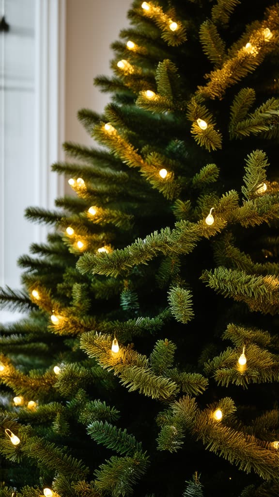  professional detailed photography, the green christmas tree is decorated with a golden garland with small lights. ar 9:16, (muted colors, dim colors, soothing tones), (vsco:0.3)