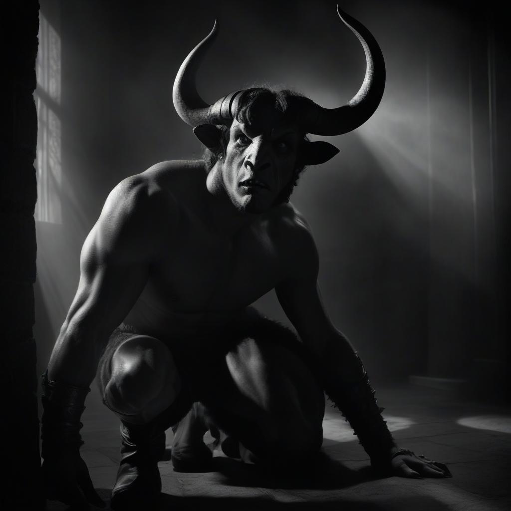  film noir style renaissance, gothic, fantasy: minotaur. . monochrome, high contrast, dramatic shadows, 1940s style, mysterious, cinematic