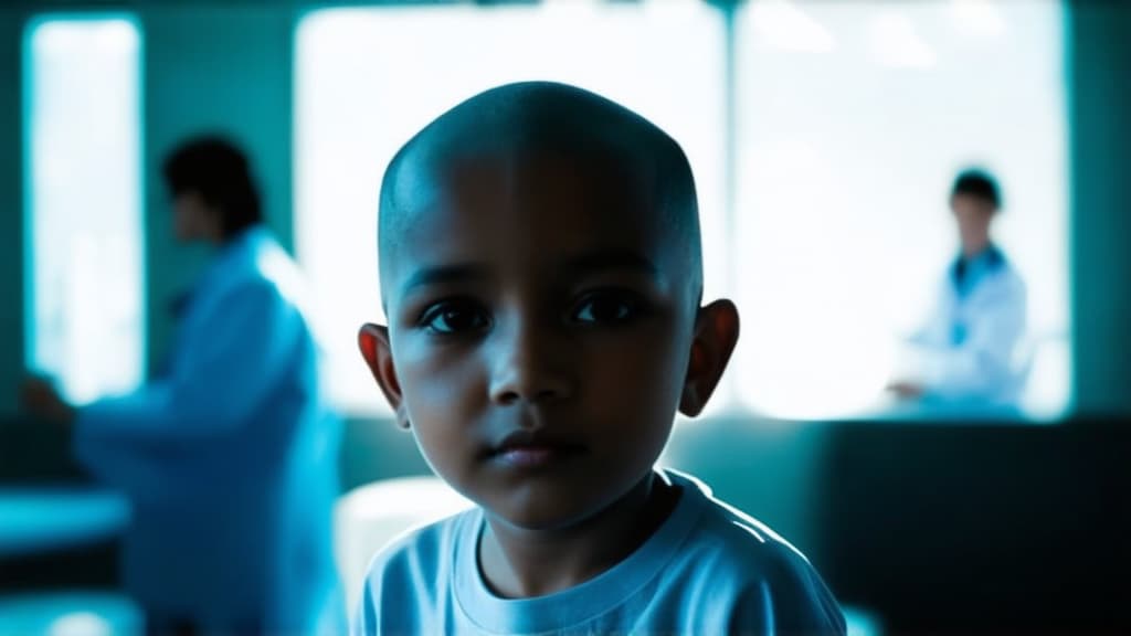  cinematic film style, a little boy without hair, in a hospital ward. in the background, doctors are blurred. ar 16:9, shallow depth of field, vignette, maximum details, high budget hollywood movie, bokeh, cinemascope, moody, epic, gorgeous, sun rays and shadows on furniture and surfaces, flattering light, raw photo, photography, photorealistic, 8k resolution, f1.4, sharpened focus, sharp focus