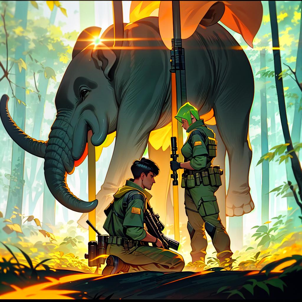  Jungle- hunter, kneeling next to elephant,big gun, raised up and looking through scope-very little sunlight coming through canopy , hyperrealistic, full body, detailed clothing, highly detailed, cinematic lighting, stunningly beautiful, intricate, sharp focus, f/1. 8, 85mm, (centered image composition), (professionally color graded), ((bright soft diffused light)), volumetric fog, trending on instagram, trending on tumblr, HDR 4K, 8K hyperrealistic, full body, detailed clothing, highly detailed, cinematic lighting, stunningly beautiful, intricate, sharp focus, f/1. 8, 85mm, (centered image composition), (professionally color graded), ((bright soft diffused light)), volumetric fog, trending on instagram, trending on tumblr, HDR 4K, 8K