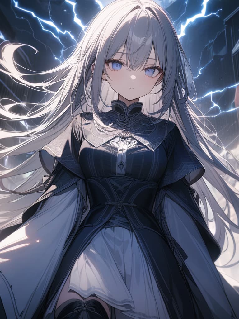  super long long hair, silver, blue eyes, beautiful and delicate eyes, staring here, black hilla hina clothes, lightning thunder, long boots, round english spells, masterpiece, best quality,8k,ultra detailed,high resolution,an extremely delicate and beautiful,hyper detail