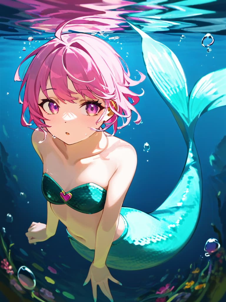  masterpiece(underwater:2.0)(underwater with light:1.7)(🫧🫧bubbles:1.5)(one person)(mermaid:2.0)(beautiful girl human:2.0)(nice body)(salmon pink hair color:1.7)(pink and greensparkling,shapely long fins:1.7) high quality,16k,super analysis