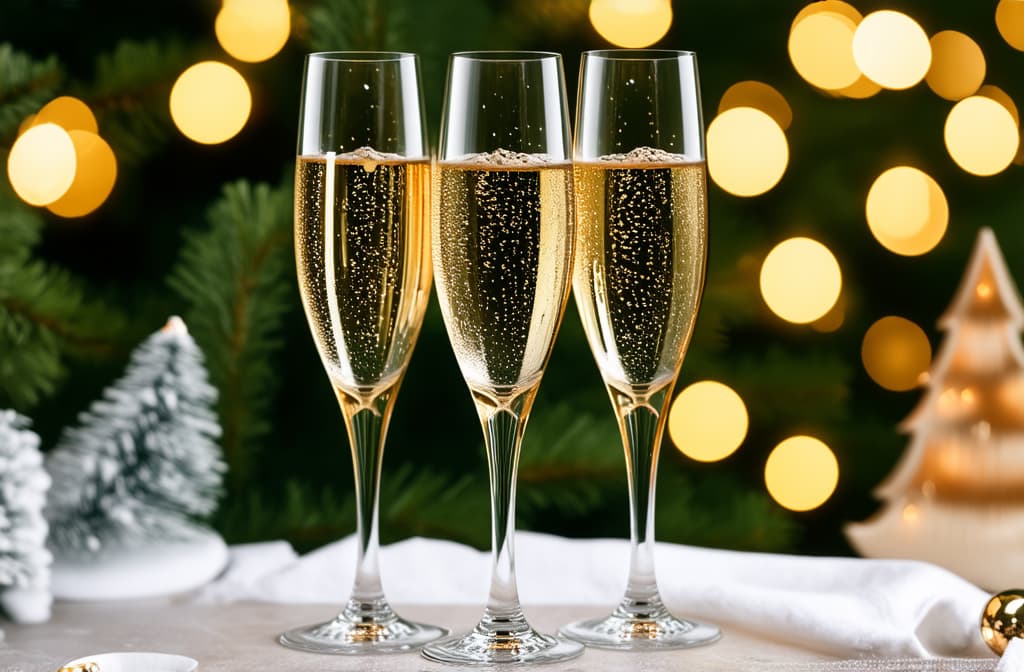  professional detailed photography, champagne flutes on festive blurred winter christmas background with round golden bokeh lights ar 3:2, (muted colors, dim colors, soothing tones), (vsco:0.3)