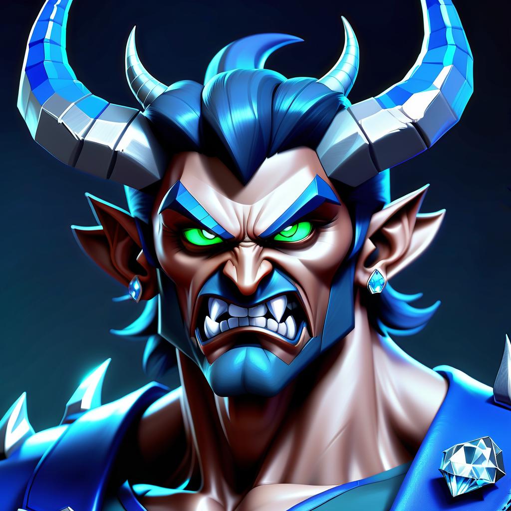  fighting game style diamond devil, portrait. dark green eyes, man. kind. hair gray. with fangs and horns. colors blue, blue, silver . dynamic, vibrant, action packed, detailed character design, reminiscent of fighting video games