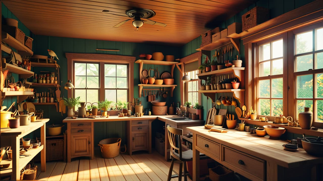  a rustic workshop filled with various unfinished wooden projects, including handcrafted furniture, decorative birdhouses, and unique kitchenware, all surrounded by tools, wood shavings, and sunlight streaming through a window. hyperrealistic, full body, detailed clothing, highly detailed, cinematic lighting, stunningly beautiful, intricate, sharp focus, f/1. 8, 85mm, (centered image composition), (professionally color graded), ((bright soft diffused light)), volumetric fog, trending on instagram, trending on tumblr, HDR 4K, 8K